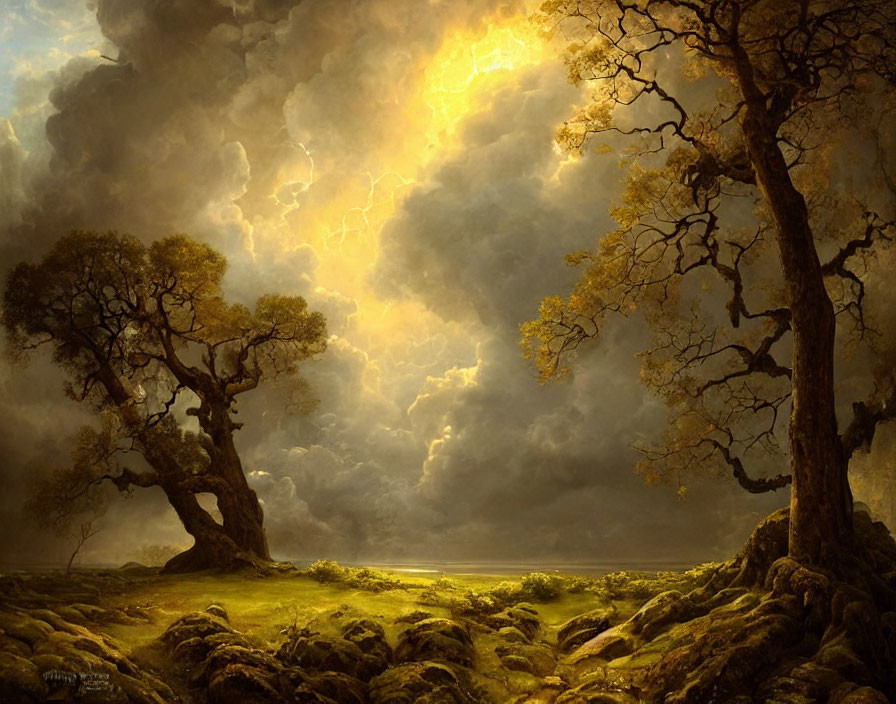 Ethereal landscape with gnarled trees, glowing sky, and surreal golden light