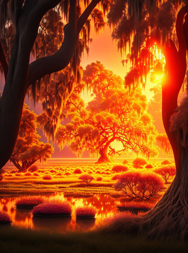 Serene landscape with vibrant sunset and moss-covered trees