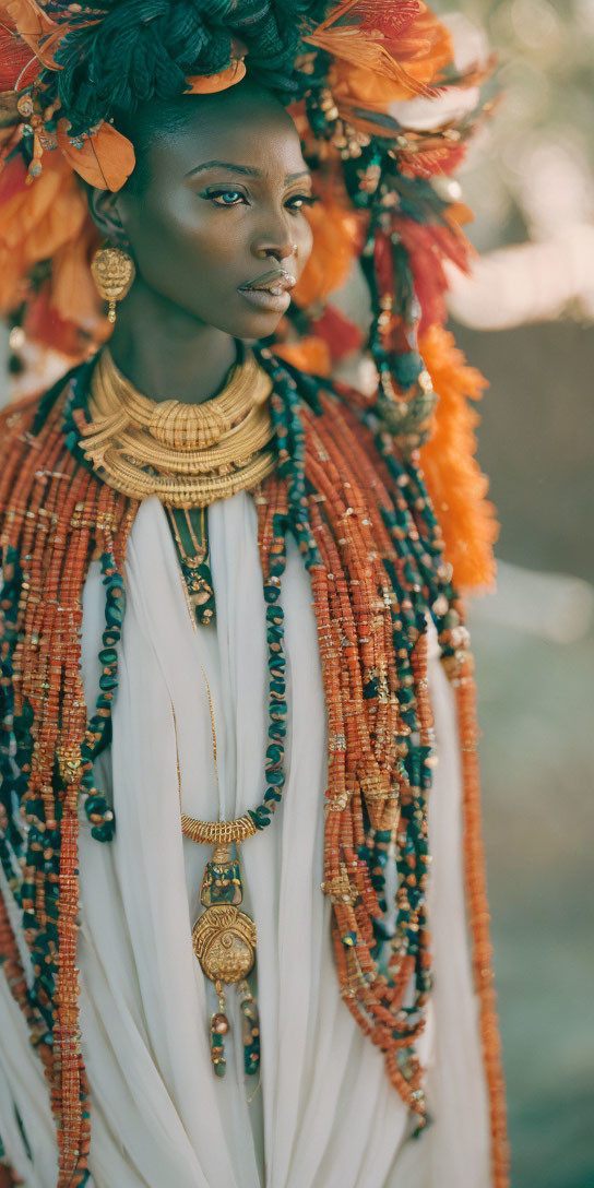 Woman in Orange Floral Headpieces and White Dress Against Blurred Background