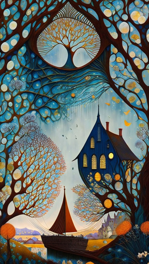 Whimsical painting of towering tree with eye-like openings and surreal landscape