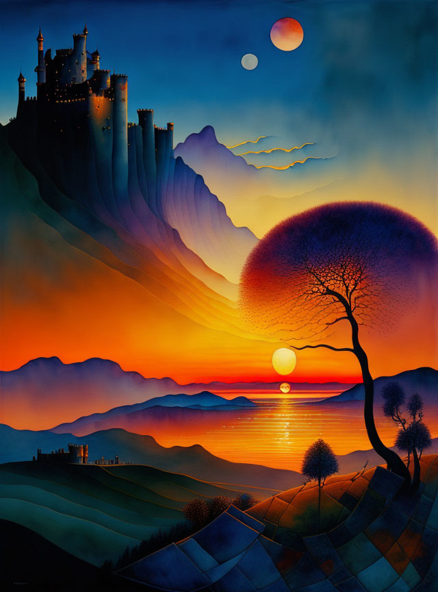 Fantasy landscape painting with castle, tree, sunset, hills, and two moons