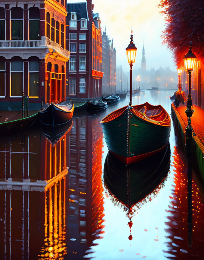 Serene canal at twilight with moored boats and city reflections