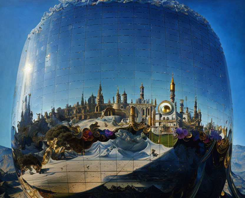 Surreal architecture in giant reflective sphere on blue sky.