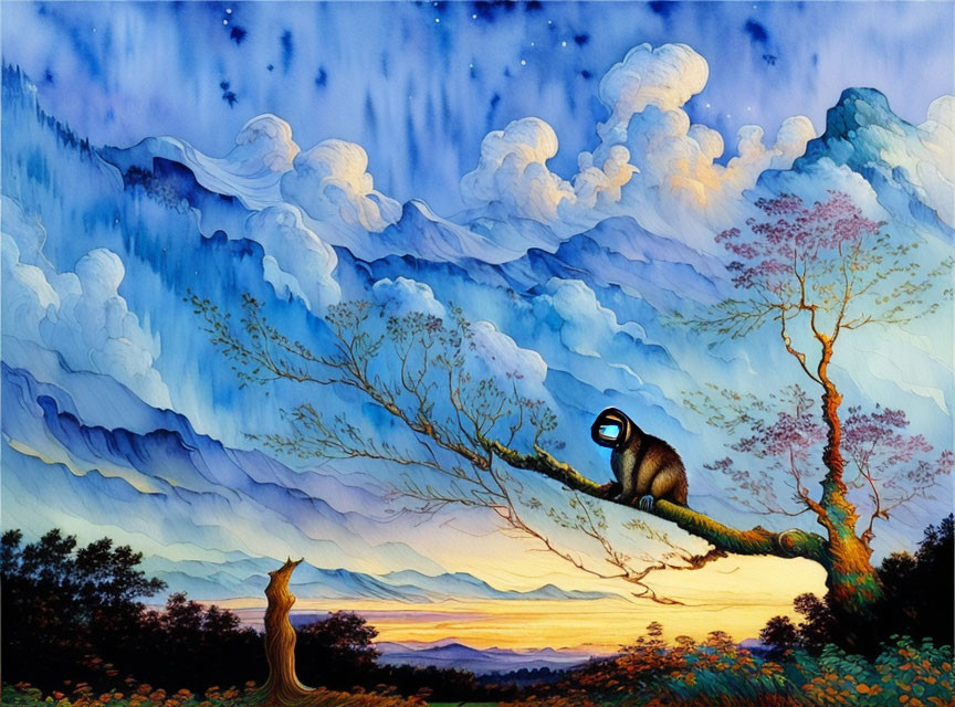 Surreal landscape painting with raccoon on tree branch & starry sky at sunset