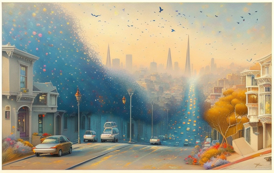 Colorful city street painting with flowers, cars, street lamps, and butterflies.