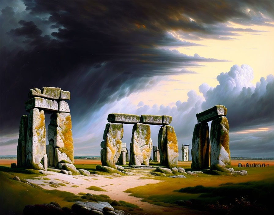 Dramatic painting of Stonehenge under stormy sky