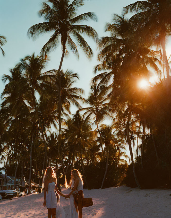 Beach sunset scene with two people and palm trees