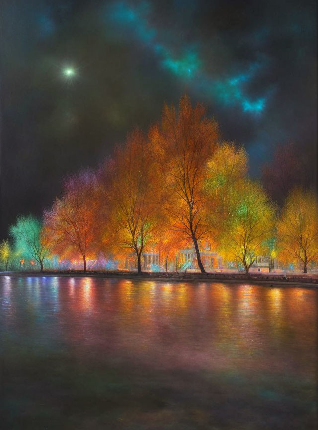 Autumn Trees by Serene River: Moonlit Night Scene