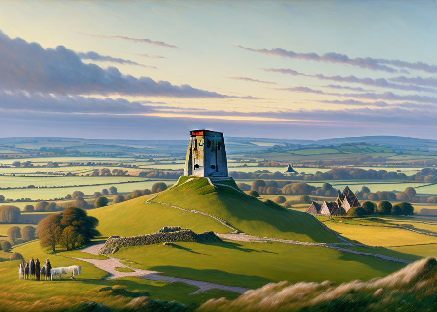 Historic tower in scenic countryside landscape with grazing sheep