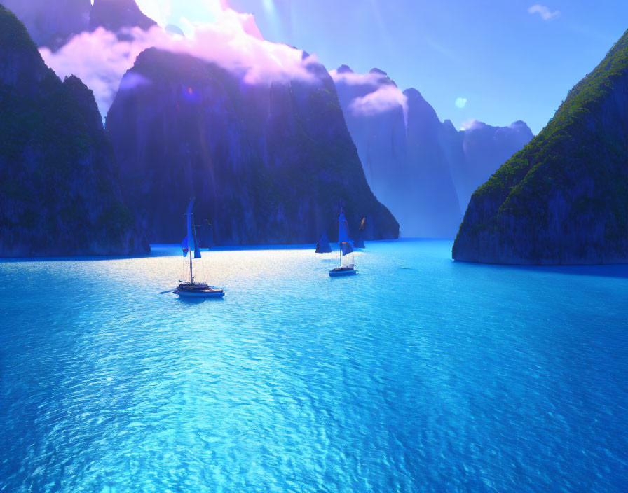 Tranquil landscape: sailboats on vibrant blue waters amidst misty mountains and sunny sky