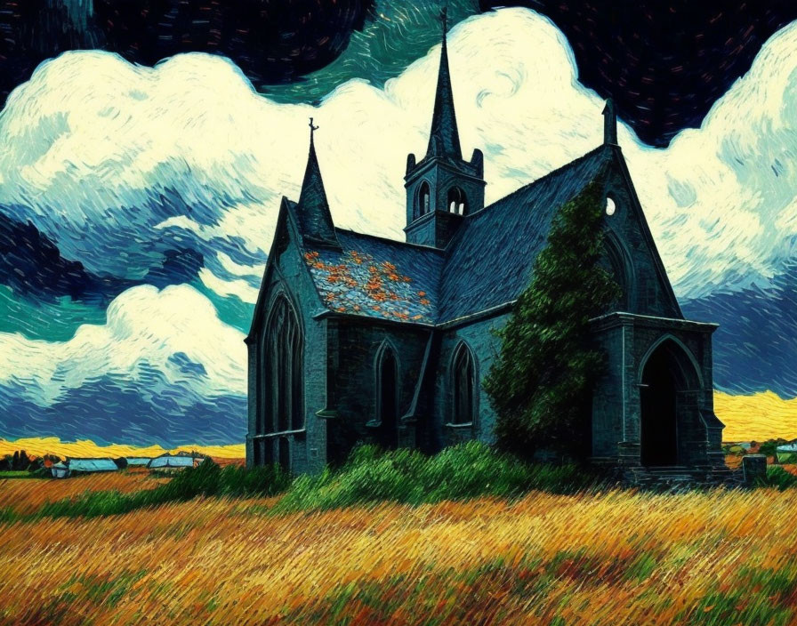 Vibrant church painting with swirling yellow fields and dramatic blue sky