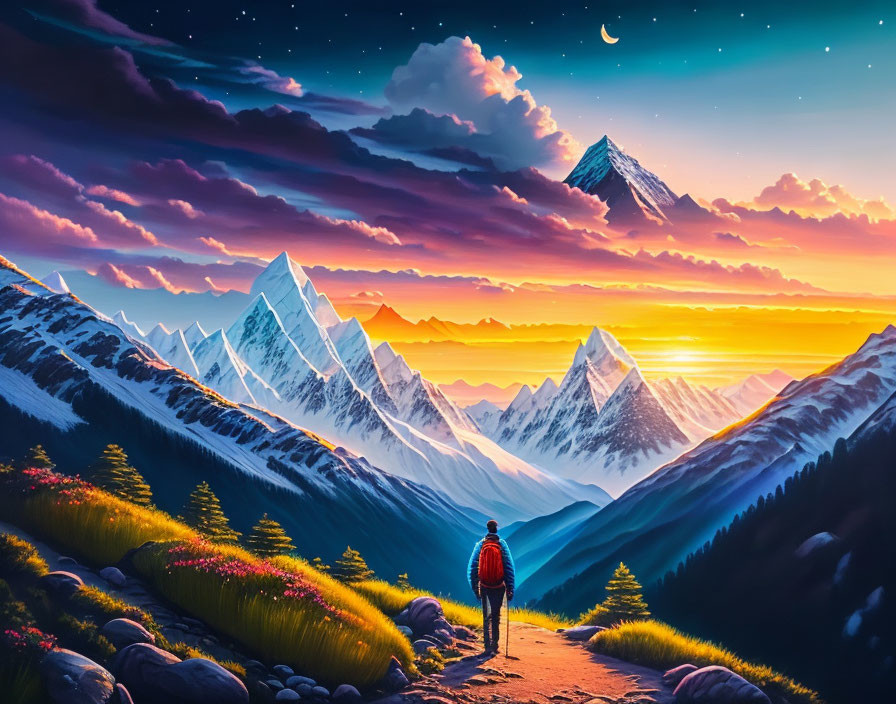 Person admiring vibrant sunset over snow-capped mountains