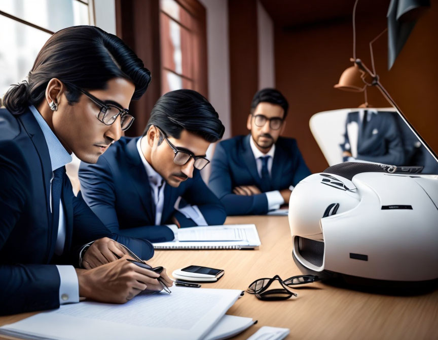 Businessmen in Suits Meeting with Notes and Motorcycle Helmet