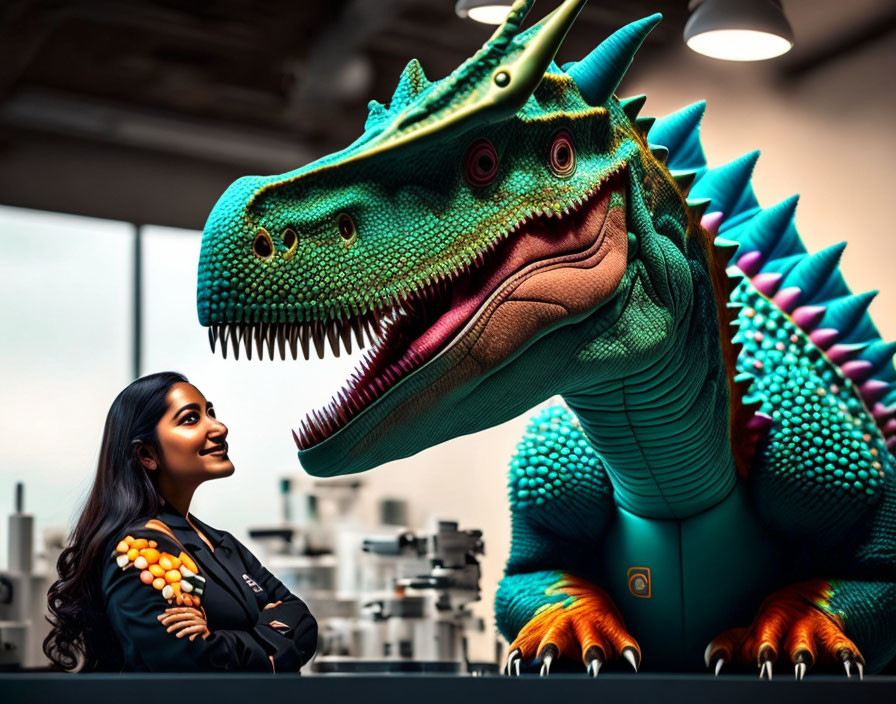 Woman smiling at large indoor animatronic dinosaur display