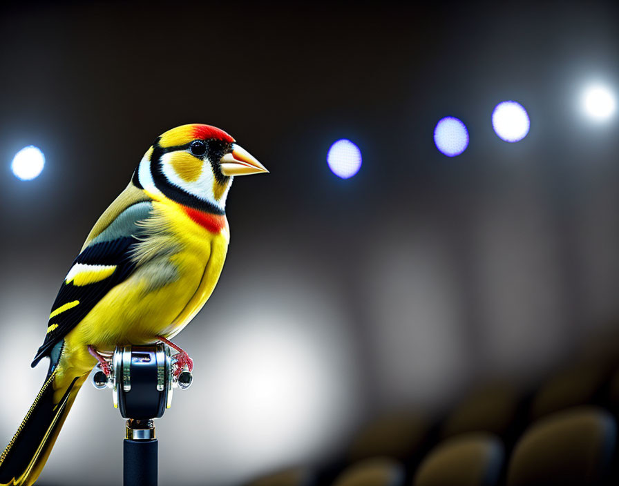 Colorful goldfinch on microphone stand with blue stage lights