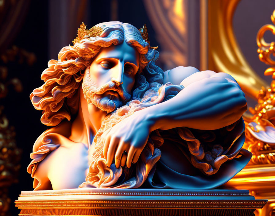 Vividly colored 3D-rendered image of regal man with laurel crown