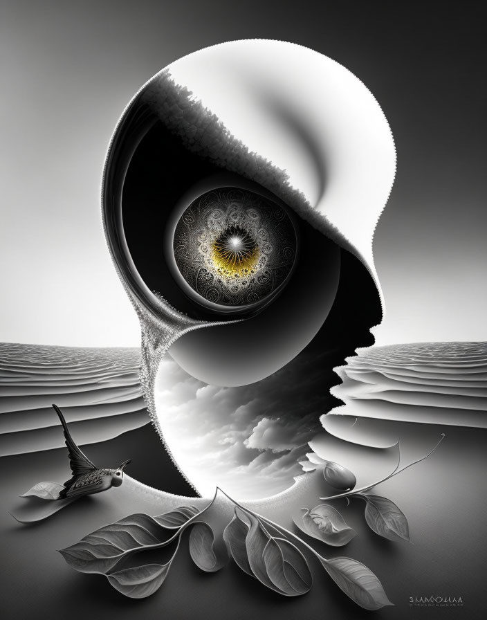 Surreal black and white artwork with swirling structure, detailed eye, leaves, and flying bird.