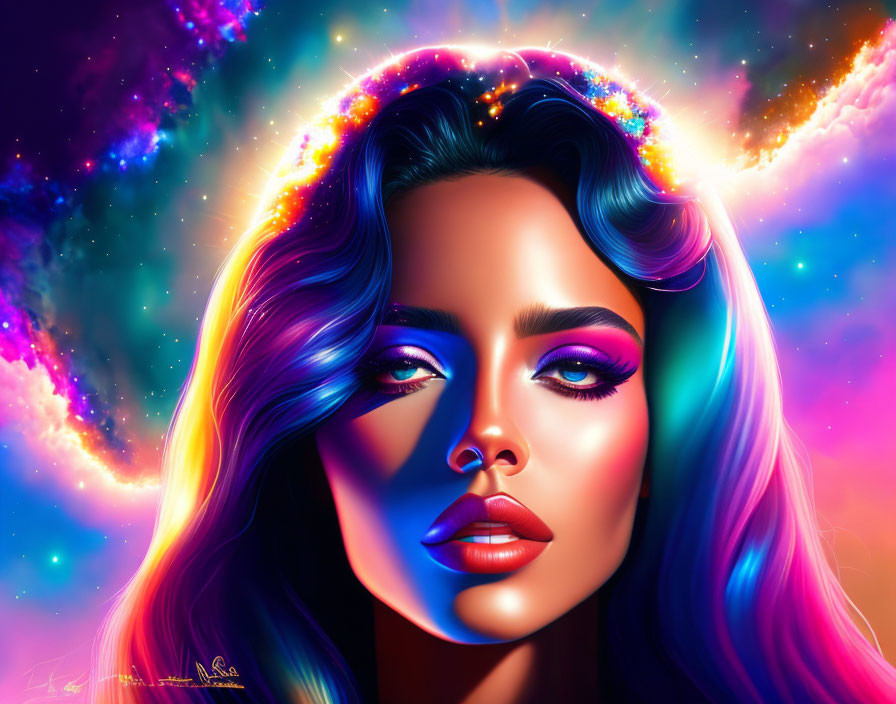 Colorful digital art: Woman with blue and pink hair, cosmic background, glowing halo.