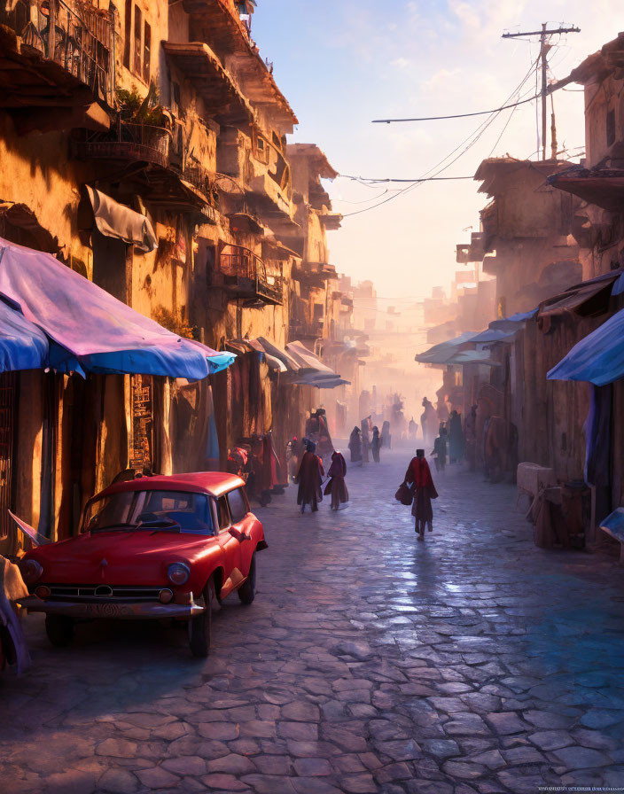 Vintage red car in traditional town with bustling street scene.