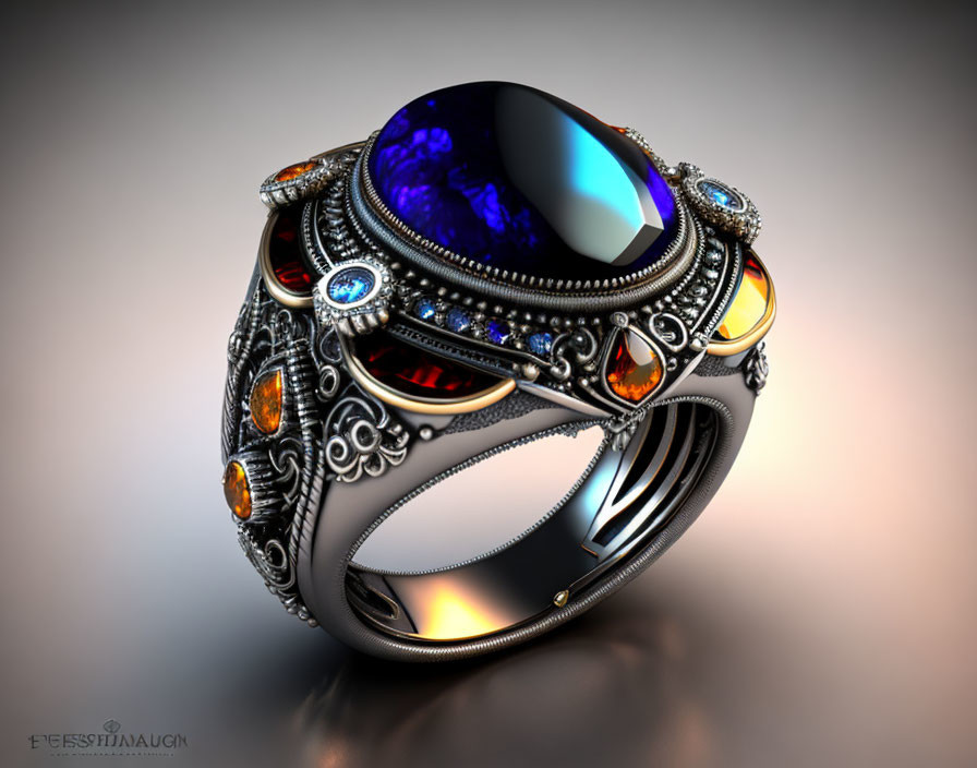 Intricate Blue Gemstone Ring with Orange Accents