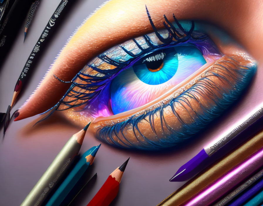 Detailed human eye illustration with blue eyeshadow and art pencils