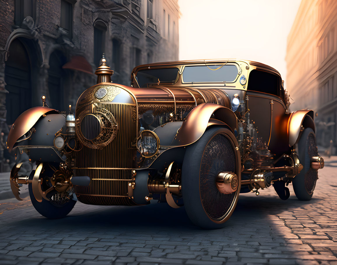 Vintage car with glossy finish on cobblestone street.