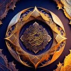 Islamic Calligraphy Artwork with Arabesque Patterns and Gold Embossing on Blue Background