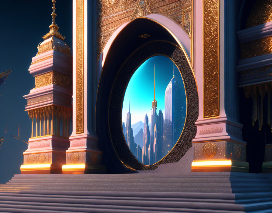 Majestic archway leading to futuristic cityscape at twilight