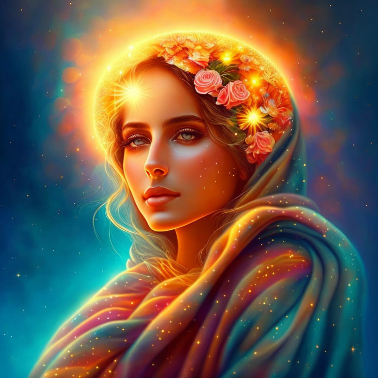 Digital Artwork: Woman with Halo, Floral Headpiece, Starry Shawl, Cosmic Blue Background