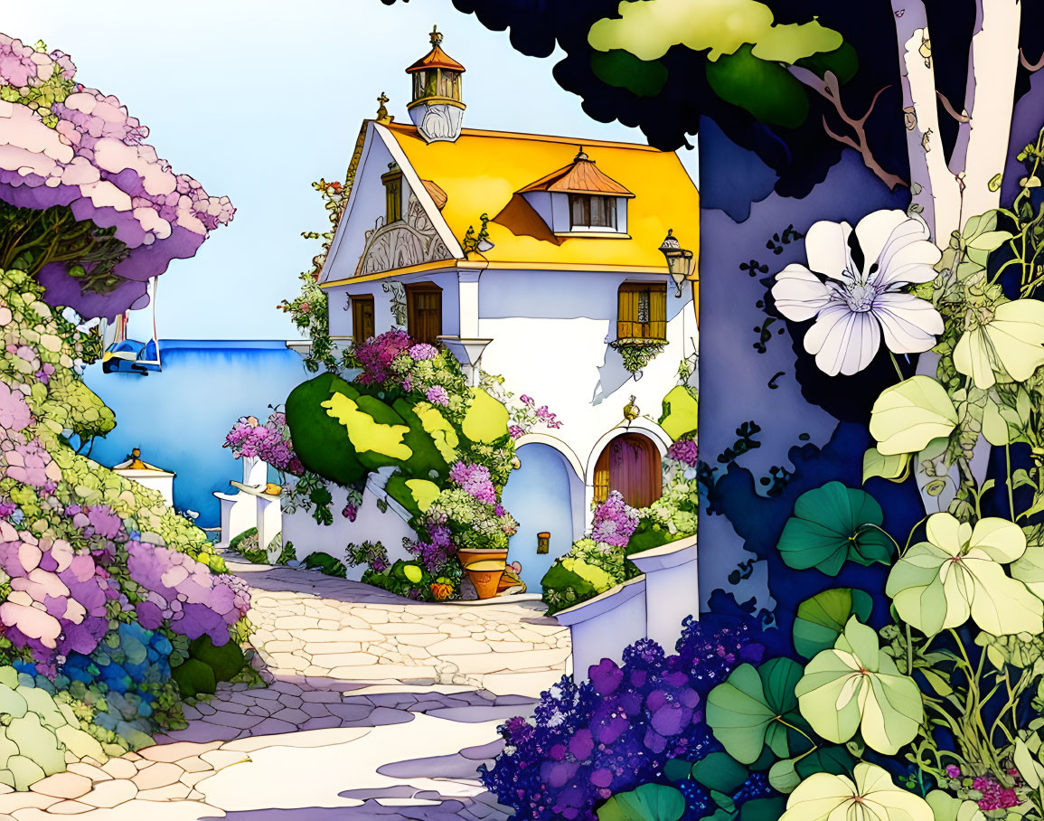 Colorful illustration: Blue-roofed house among purple flowers & greenery