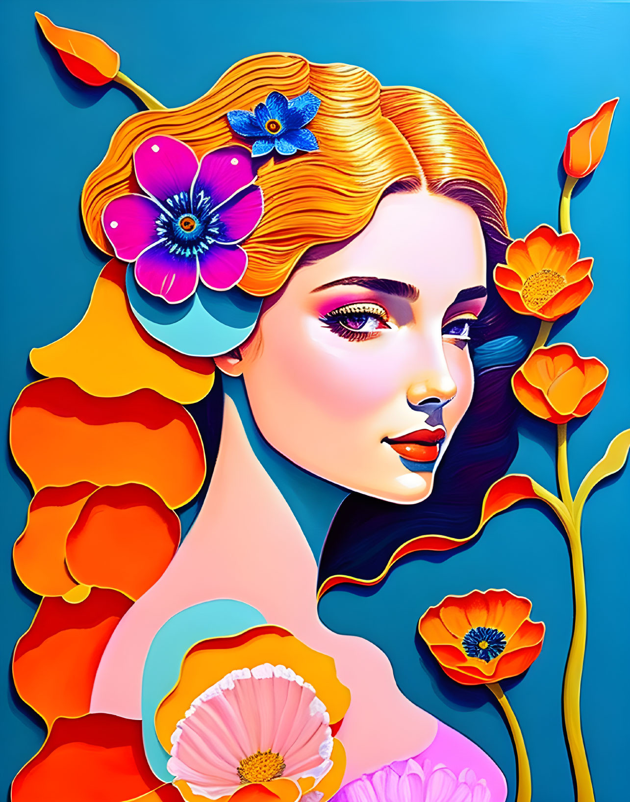 Colorful Flower Hair Woman Illustration on Blue Background