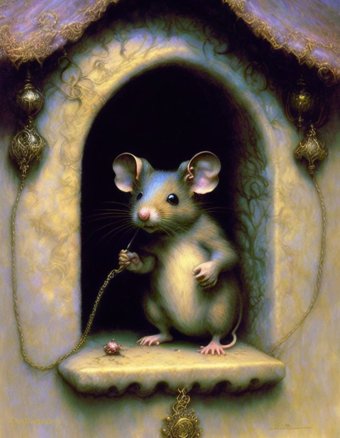 Anthropomorphic mouse with jeweled pendant at whimsical doorway