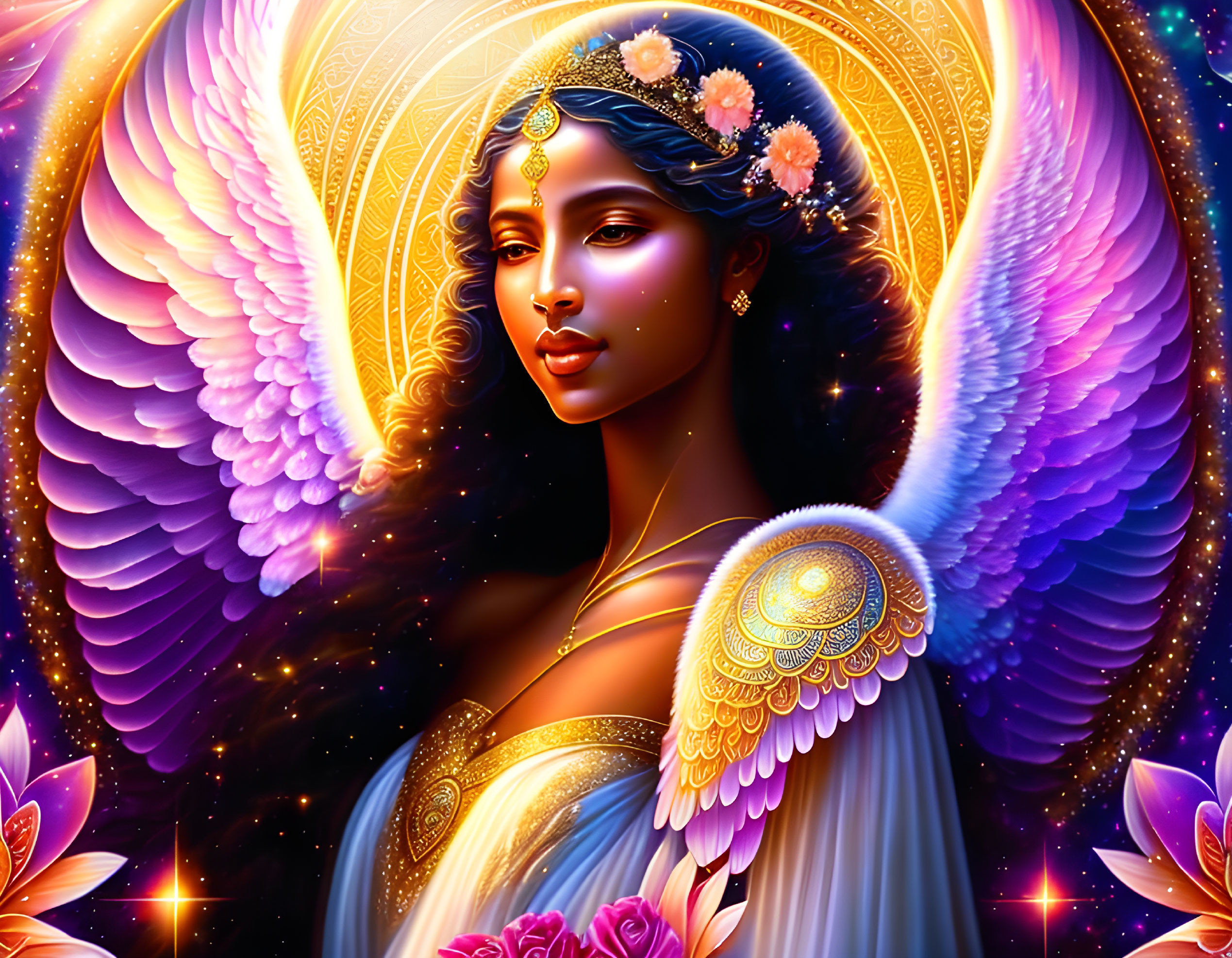 Golden-winged angel with halo and ornate jewelry on celestial background