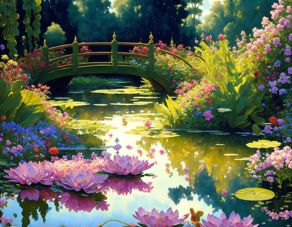 Tranquil painting of wooden bridge over pond surrounded by lush vegetation