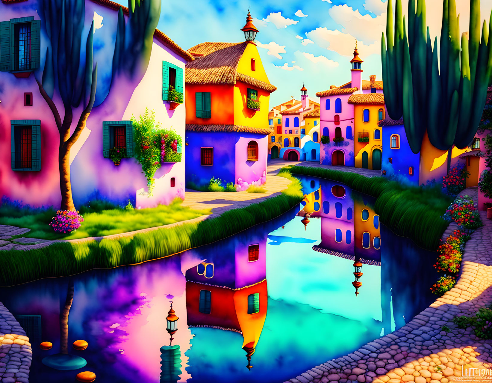 Colorful Animated Village Reflecting in Tranquil River