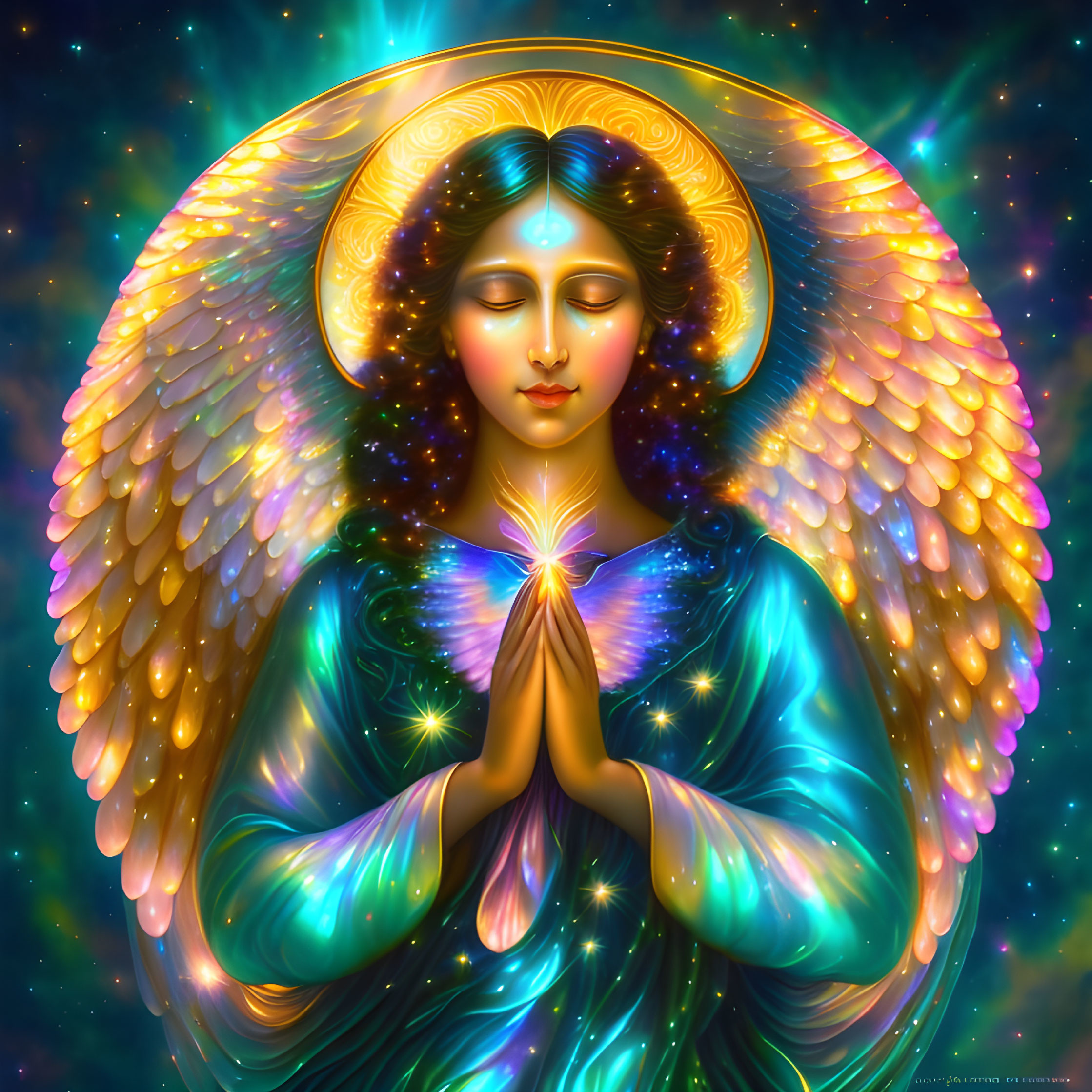 Vibrantly colored angel with glowing halo in prayer against cosmic background