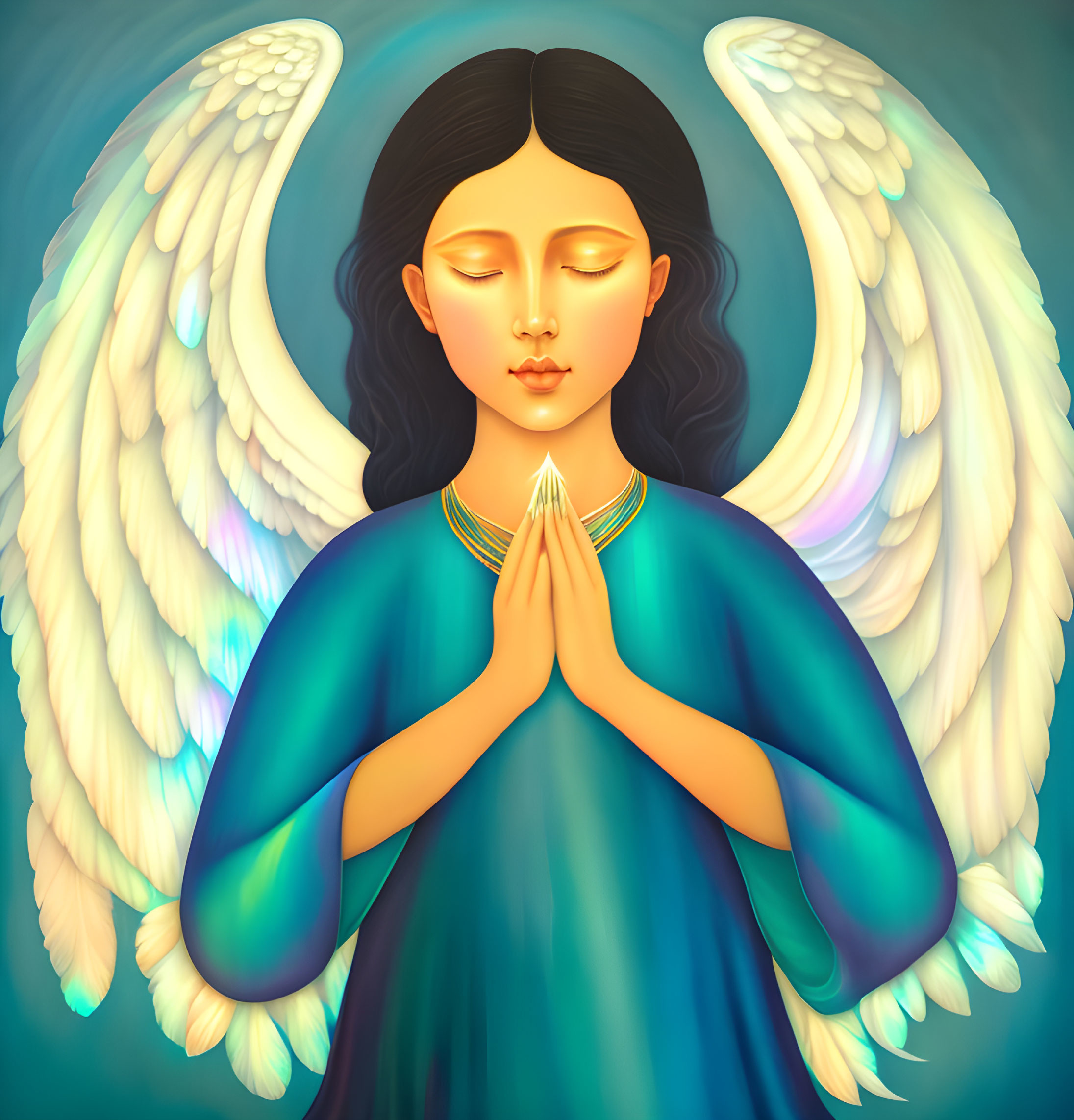 Illustrated angel with folded hands in blue robe and white wings on teal background