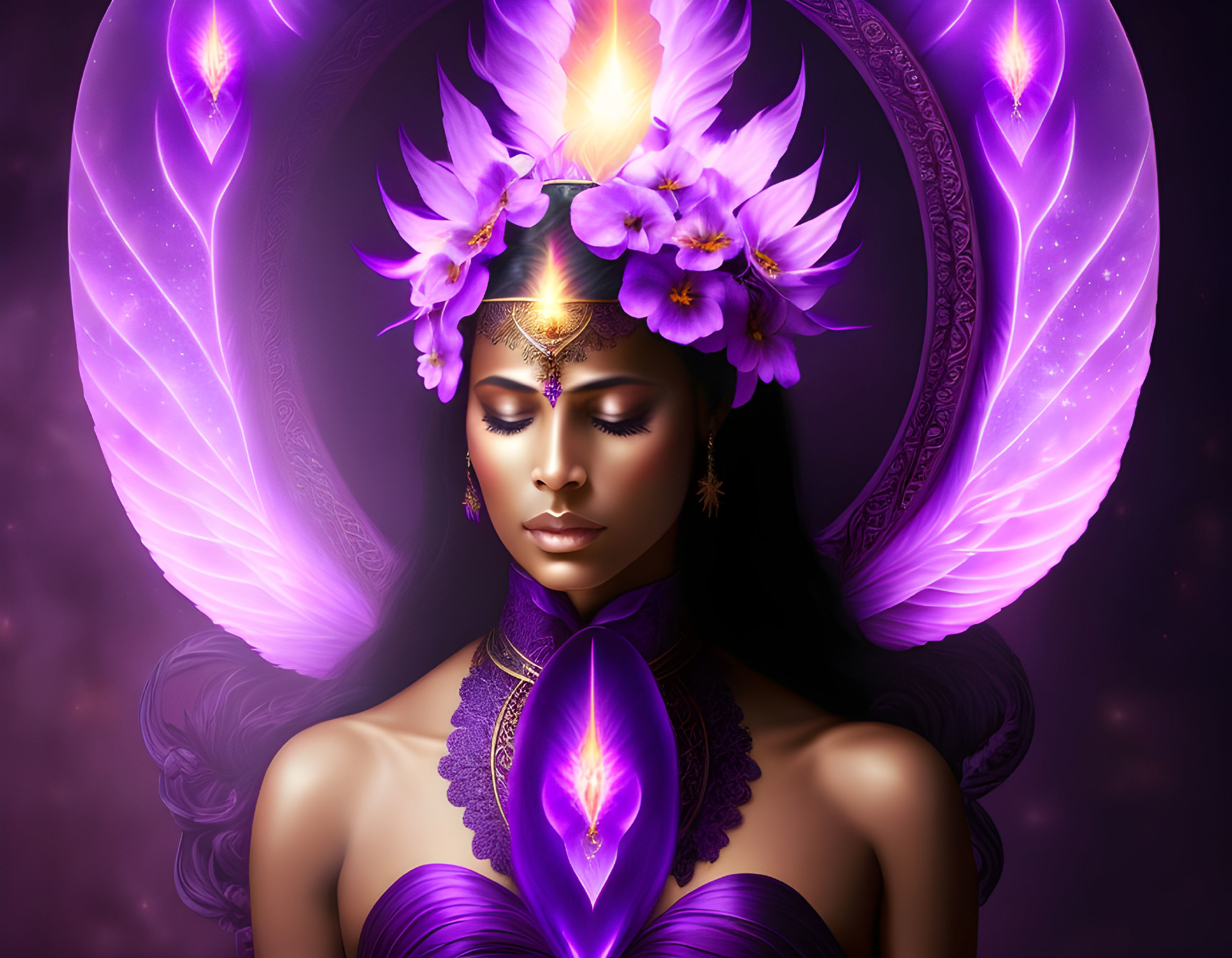 Stylized illustration of woman with purple glowing wings and ornate floral headdress