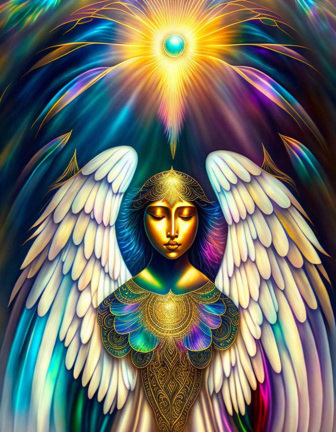 Detailed illustration of serene angelic figure with ornate wings and golden attire.