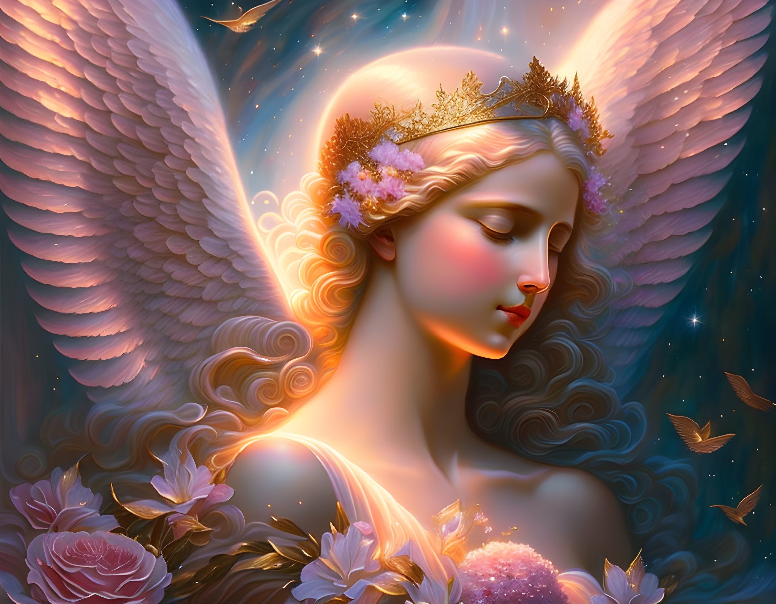 Angelic figure with wings, halo, and floral crown in serene setting