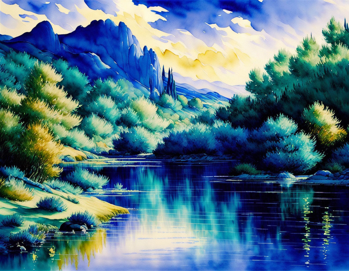 Tranquil river landscape with lush greenery and mountains