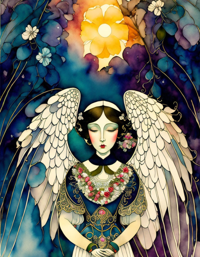 Ethereal angel with white wings and halo in colorful, abstract setting