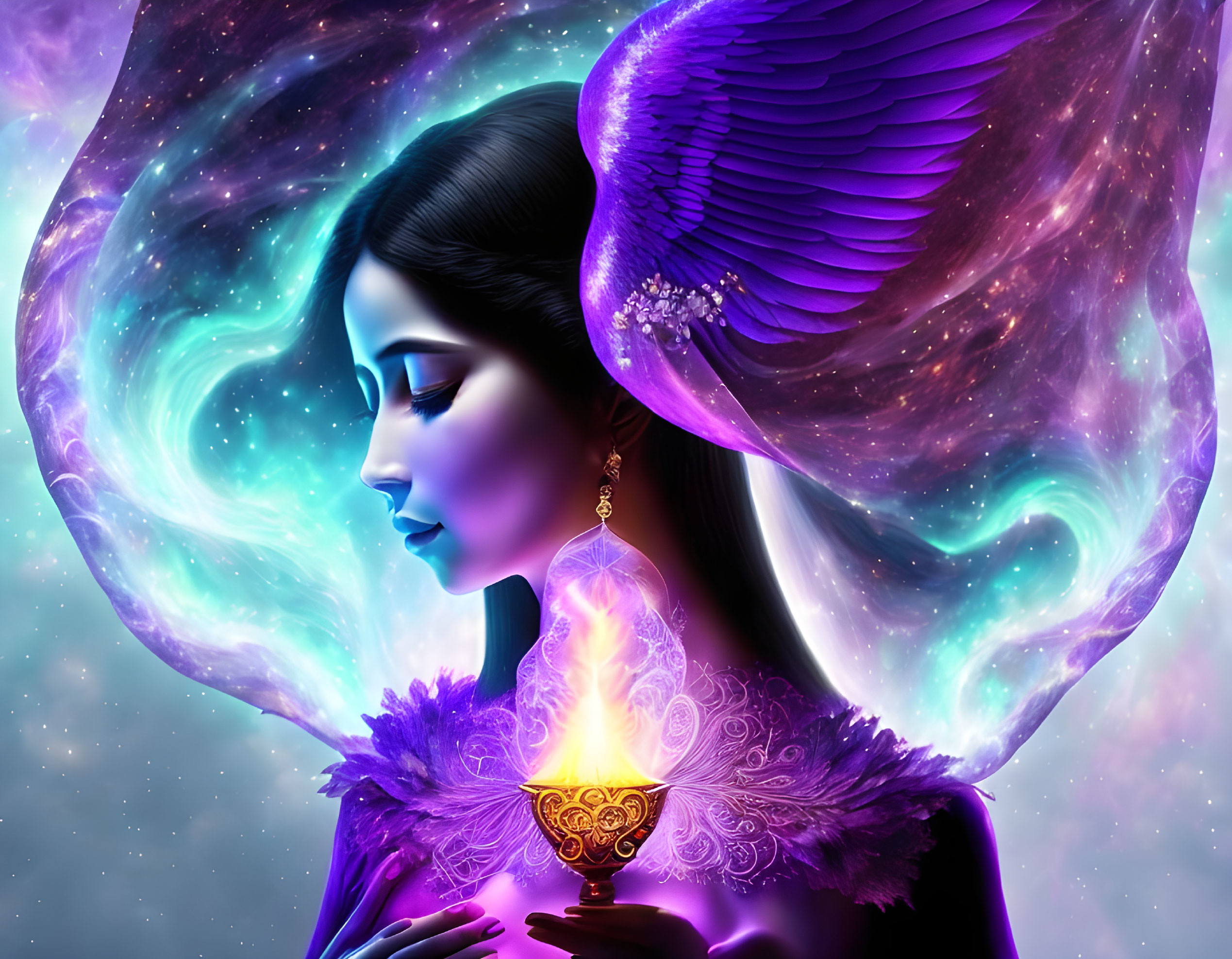 Woman with Purple Angel Wings in Cosmic Nebula Scene Holding Heart-Shaped Amulet