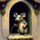 Anthropomorphic mouse with jeweled pendant at whimsical doorway