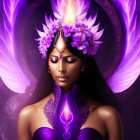 Stylized illustration of woman with purple glowing wings and ornate floral headdress