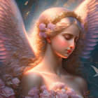 Angelic figure with wings, halo, and floral crown in serene setting