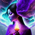 Woman with Purple Angel Wings in Cosmic Nebula Scene Holding Heart-Shaped Amulet