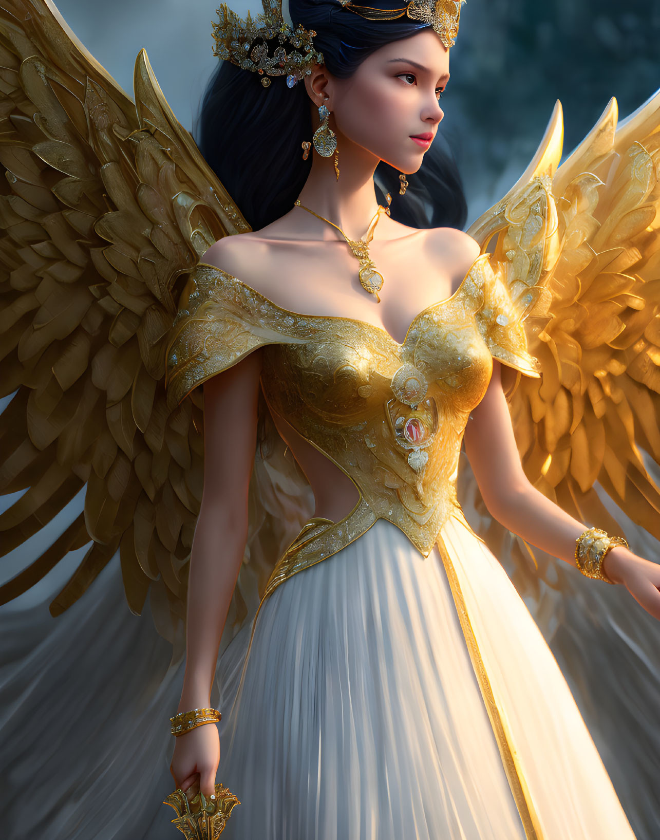 Golden-winged figure in regal attire with ornate jewelry and crown.