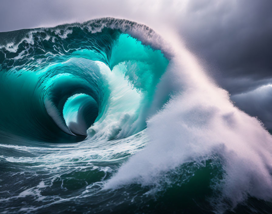 Stormy sky over powerful ocean wave with frothy white foam