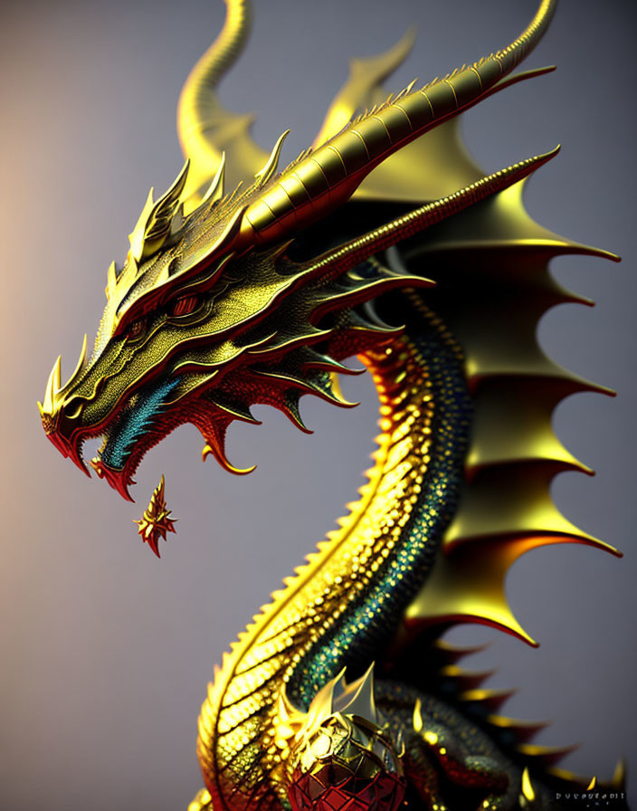 Golden dragon with intricate scales and horns, fierce expression, and red ornament.